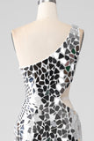 Silver Mirror Sequins One Shoulder Ball Dress with Hollow-out