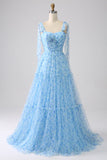 Light Blue A-Line Spaghetti Straps Long Ball Dress