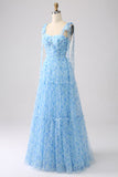 Light Blue A-Line Spaghetti Straps Long Ball Dress