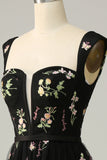 A Line Sweetheart Black Long Ball Dress with Embroidery