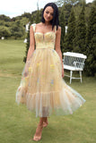 Yellow Floral Ankle-Length Ball Dress with Embroidery
