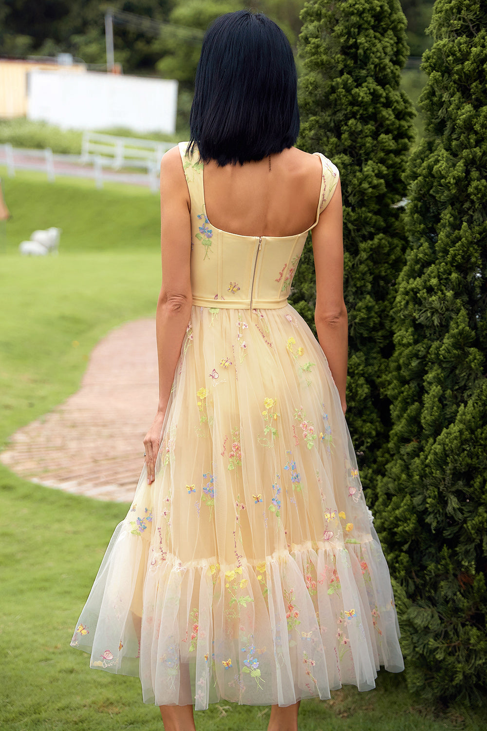 Yellow Floral Ankle-Length Ball Dress with Embroidery
