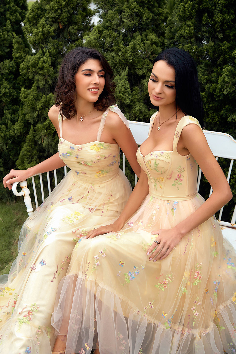Yellow Floral Ankle-Length Ball Dress with Embroidery