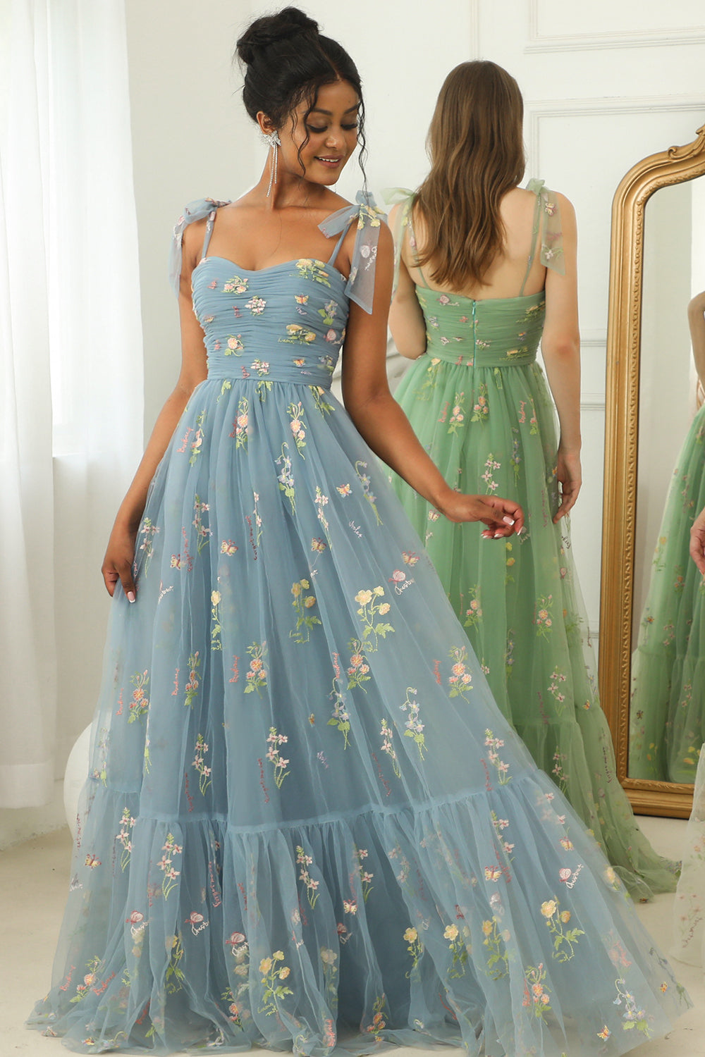 Popular Champagne Floral Embroidery Formal Long Dress