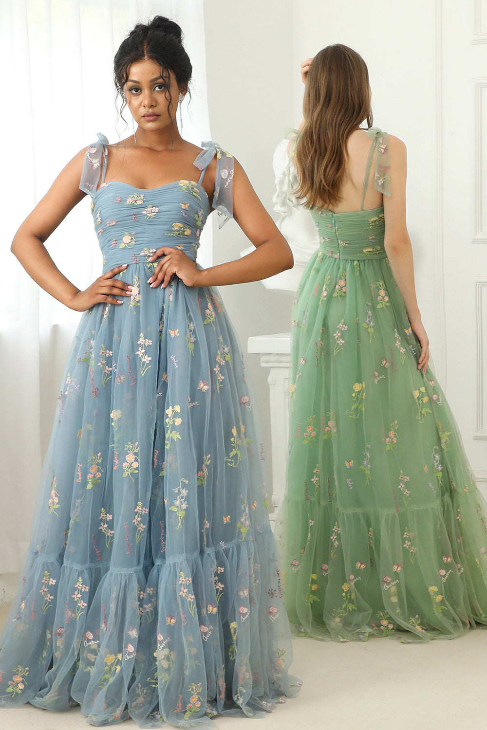Grey Blue Long Ball Dress With Embroidery