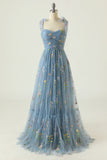 Grey Blue Long Ball Dress With Embroidery