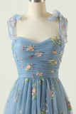 Grey Blue Long Ball Dress With Embroidery