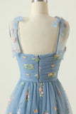 Grey Blue Long Ball Dress With Embroidery