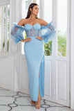 Sheath Off the Shoulder Sky Blue Ball Dress Long Sleeves