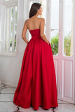 A Line Strapless Red Long Ball Dress with Split Front