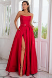 A Line Strapless Red Long Ball Dress with Split Front
