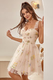 Cute Short A Line Spaghetti Straps Champagne Ball Dress with Embroidery