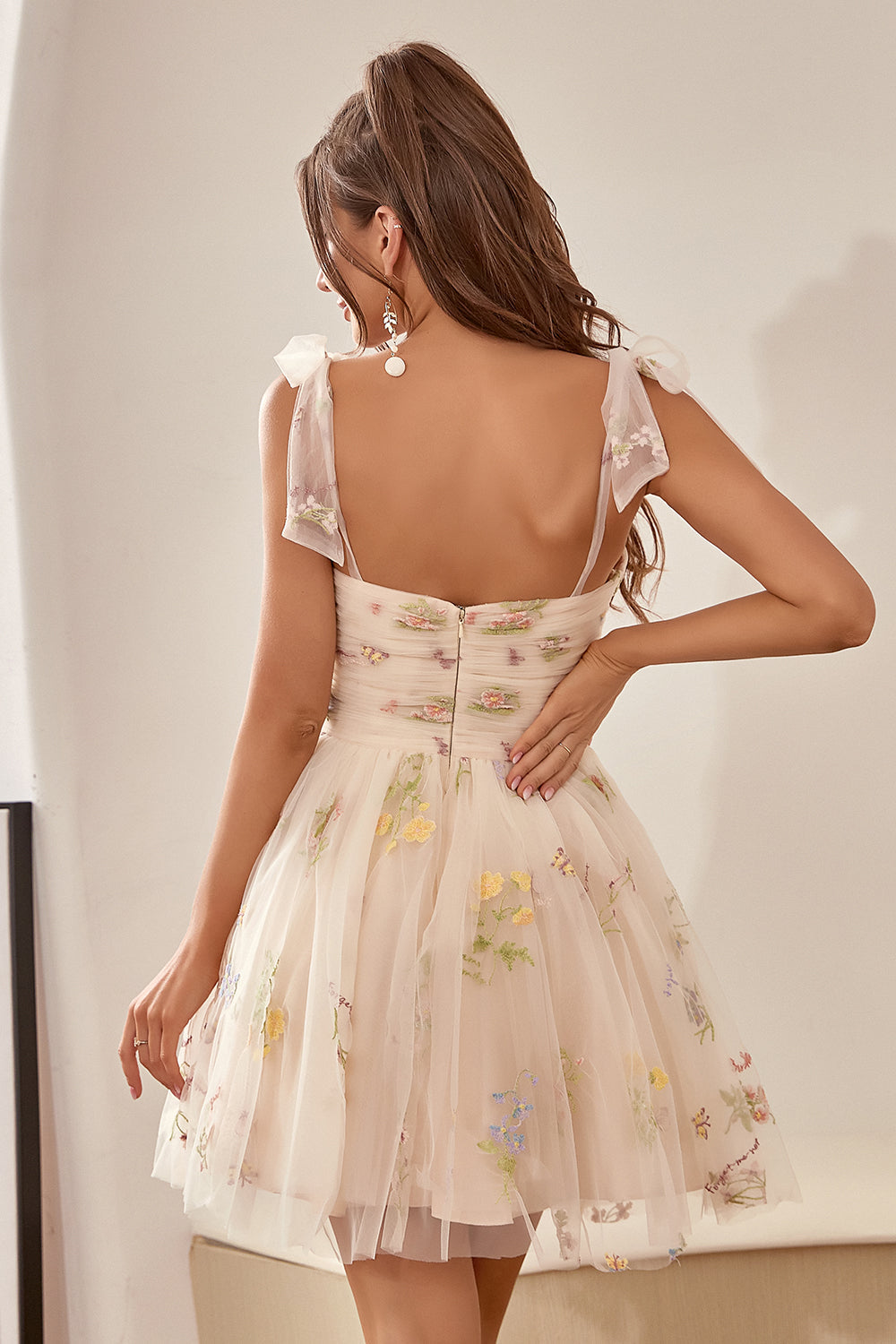 Cute Short A Line Spaghetti Straps Champagne Ball Dress with Embroidery