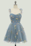 Grey Blue Short A-Line Ball Party Dress With Embroidery