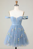 Cute A Line Sweetheart Grey Blue Short Cocktail Dress with Embroidery