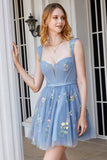 Cute A Line Sweetheart Grey Blue Short Cocktail Dress with Embroidery