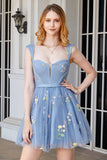 Cute A Line Sweetheart Grey Blue Short Cocktail Dress with Embroidery