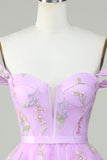 Cute A Line Sweetheart Purple Short Cocktail Dress with Embroidery
