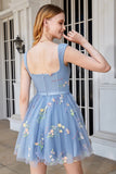 Cute A Line Off the Shoulder Black Corset Cocktail Dress with Embroidery
