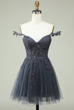 Cute A Line Spaghetti Straps Grey Short Cocktail Dress with Appliques