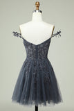 Cute A Line Spaghetti Straps Grey Short Cocktail Dress with Appliques