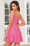 Stylish A Line Spaghetti Straps Pink Short Cocktail Dress with Appliques