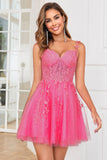 Stylish A Line Spaghetti Straps Pink Short Cocktail Dress with Appliques