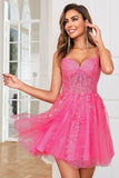 Stylish A Line Spaghetti Straps Pink Short Cocktail Dress with Appliques