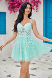 Unique A Line Spaghetti Straps Mint Short Cocktail Dress with Appliques