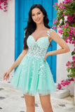 Unique A Line Spaghetti Straps Mint Short Cocktail Dress with Appliques
