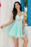 Unique A Line Spaghetti Straps Mint Short Cocktail Dress with Appliques