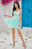 Unique A Line Spaghetti Straps Mint Short Cocktail Dress with Appliques