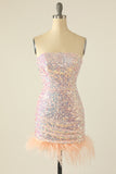 Sky Blue Sequin Cocktail Dress with Feathers