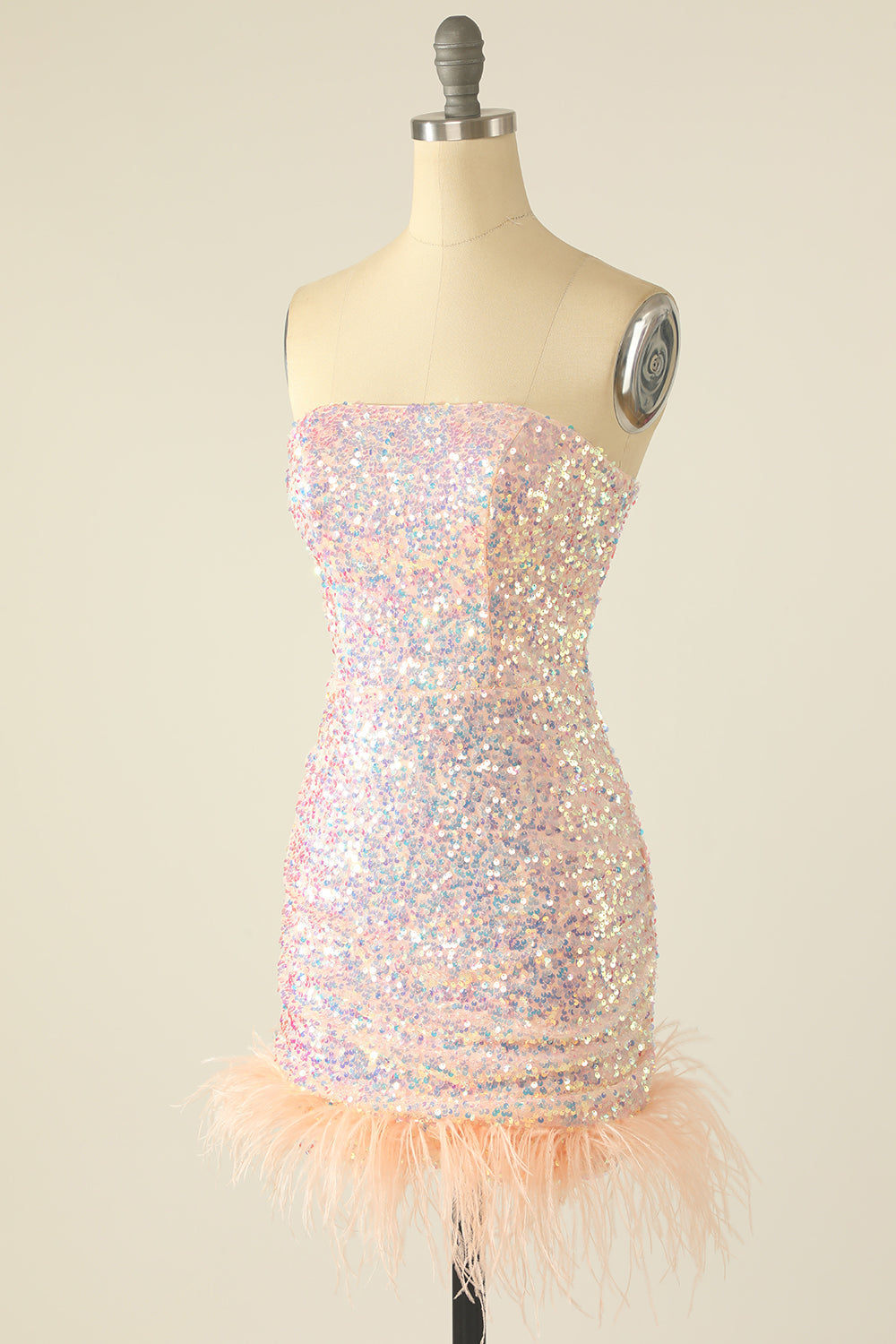 Sky Blue Sequin Cocktail Dress with Feathers