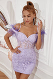 Lavender Off the Shoulder Cocktail Dress with Feathers