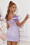 Lavender Off the Shoulder Cocktail Dress with Feathers