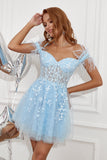 Blue Off Shoulder Cocktail Dress with Feathers