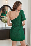 Green One Shoulder Glitter Cocktail Dress