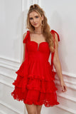 Red Tiered Short Cocktail Dress With Bows