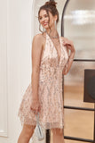 Blush Sequin Fringes Halter Cocktail Dress