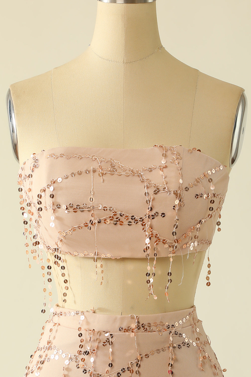 Two Piece Sequins Strapless Pink Party Dress