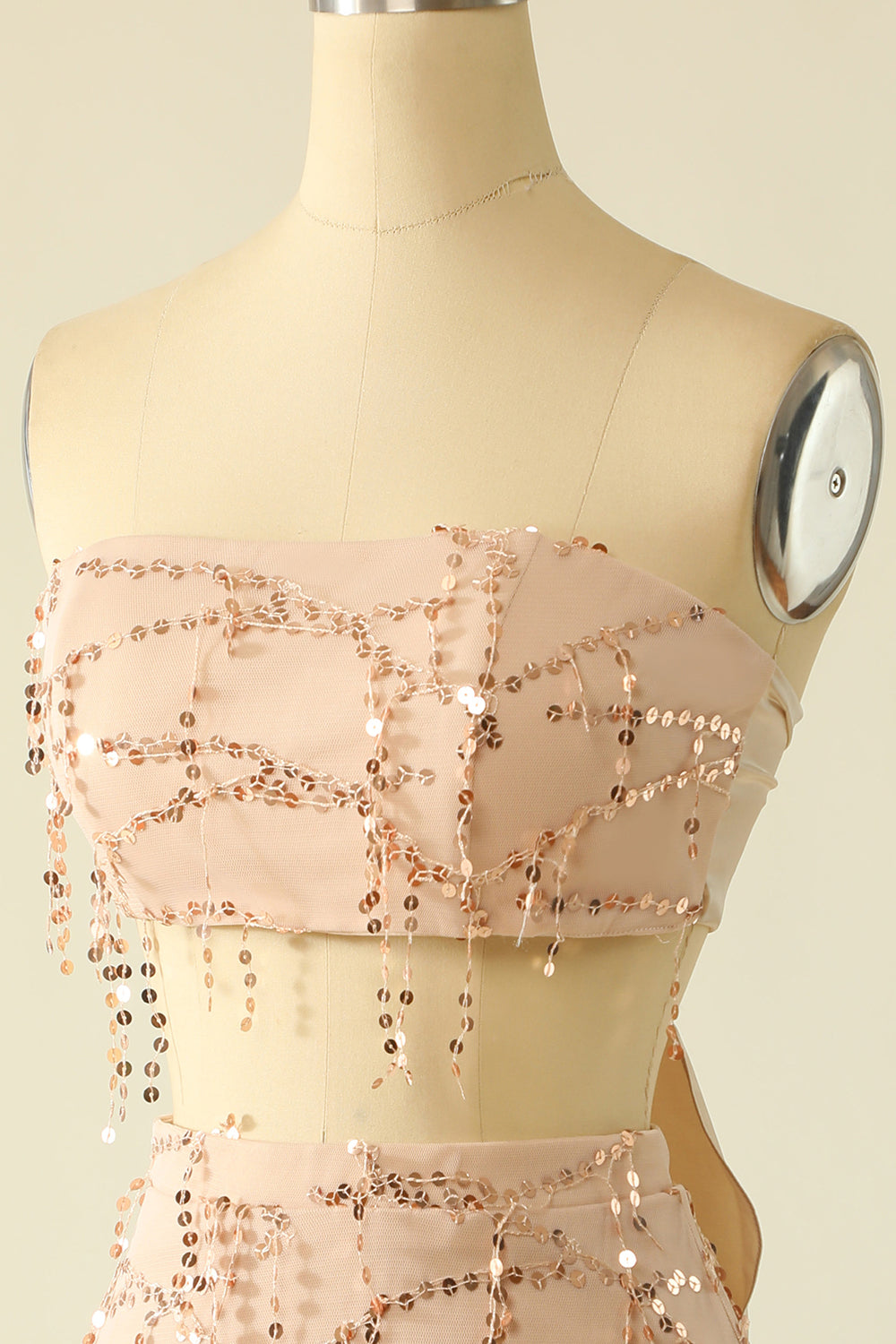 Two Piece Sequins Strapless Pink Party Dress