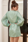 Green Wrap Style Cocktail Dress with Long Sleeves