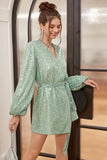 Green Wrap Style Cocktail Dress with Long Sleeves