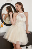 Champagne Beaded Halter Tulle Cute Cocktail Dress