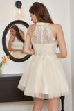 Champagne Beaded Halter Tulle Cute Cocktail Dress