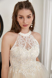 Champagne Beaded Halter Tulle Cute Cocktail Dress