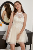 Champagne Beaded Halter Tulle Cute Cocktail Dress