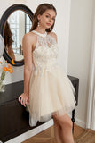 Champagne Beaded Halter Tulle Cute Cocktail Dress