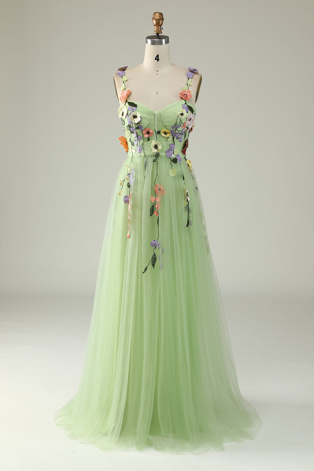 Green A Line Spaghetti Straps Tulle Ball Dress With 3D Flowers